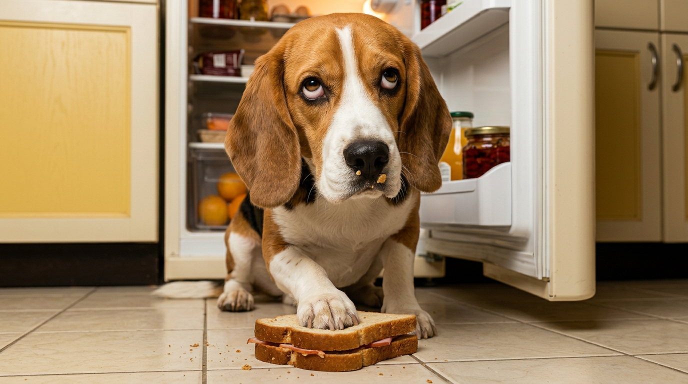 Bruno the beagle caught beside an open fridge and a stolen sandwich